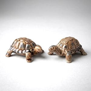 Peut inclure: Deux figurines de tortue en céramique avec une finition brillante marron et beige. Chaque carapace de tortue présente un motif texturé détaillé et le texte "Slow" en relief sur le dessus. Les figurines ont quatre pattes et une tête.