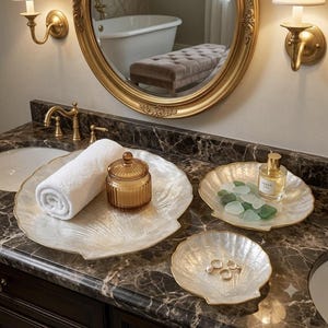 May include: Three iridescent shell-shaped trays with gold-toned edges. The largest tray holds a rolled white towel and an amber glass jar with a lid. A medium tray contains green sea glass and a perfume bottle. A small tray holds three gold rings.
