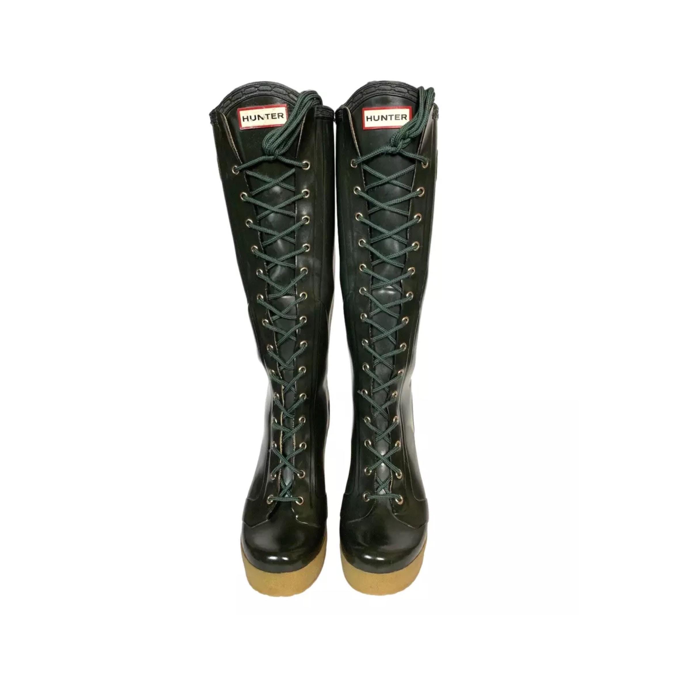 HUNTER RARE Lapin Knee High Lace up Platform Heel Green