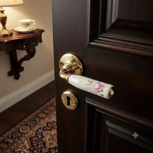 Puede incluir: Un juego de manilla para puerta con placa circular y escudo para cerradura en latón pulido. La palanca horizontal es de cerámica blanca con un patrón floral pintado en rosa, verde y azul, rematada con una tapa de latón.