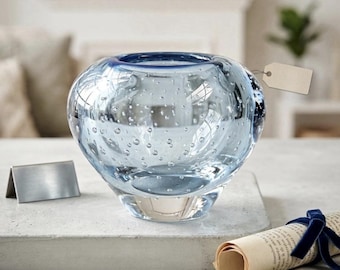 Rara ciotola in vetro artistico Evolution by Waterford con bolle blu e cristallo pesante vintage