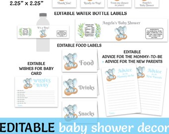 Elephant Baby Shower Decorations, EDITABLE, Template, Elephant Decor, Printable, Elephant Theme, Elephant Banner, Toppers, Favor Tags, ELPB