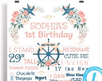 Nautical Chalkboard, First Birthday Poster Girl, Nautical Birthday Decorations, 1st Birthday, Chalkboard Template, Editable, 16x20 8x10 NA01