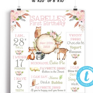 Primer cumpleaños Milestone Board Girl, Woodland Primer cumpleaños Pink Woodland Chalkboard Wild One 1er signo de cumpleaños Templett 16x20 u 8x10 WD10