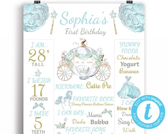 Poster per il primo compleanno della principessa Poster per il primo compleanno del bambino, stampabile, tema Cenerentola, cartello per il primo compleanno, PRC1