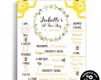 1st Birthday Chalkboard Sign / Bee First Birthday / Milestone Poster / Hunny Bee Birthday / Neutral Bee Day Party Corjl 16x20 / 8x10 BEE1