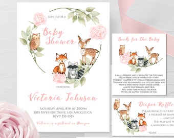 Girl Woodland Theme Baby Shower Invitation Pink Deer Woodland Animals Fox Invitation, Editable Template, Thank you Diaper Raffle Books WD09