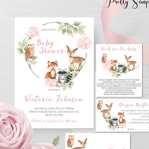 Girl Woodland Theme Baby Shower Invitation Pink Deer Woodland Animals Fox Invitation, Editable Template, Thank you Diaper Raffle Books WD09