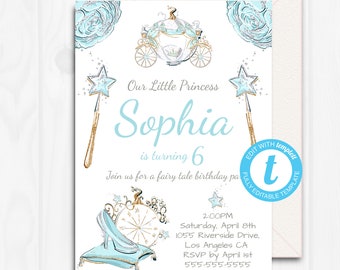 Princess Birthday Invitation, Girl, Cinderella Birthday Invitation Template, Templett, Instant Download, 1st, 2nd 6th Printable Party, PRC1