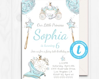 Princess Birthday Invitation, Girl, Cinderella Birthday Invitation Template, Templett, Instant Download, 1st, 2nd 6th Printable Party, PRC1