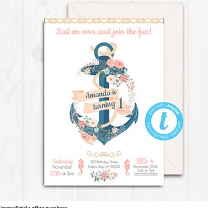 Nautical Birthday Invite, Girl, Anchor Birthday Invitation, Nautical Birthday Party, Template, Nautical Invitation, Templett, Printable NA01 image 1
