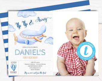 Photo Birthday Invitation, Airplane Birthday Invitation, You Edit, Kids Boy 1st 2nd 3rd Invitation Template Download Templett AIR2