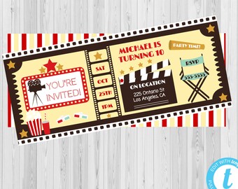 Movie Birthday Party Invitations, Movie night invitations, Movie Party Invite, Printable Movie Party Invite, Movie Ticket Template, MOV1