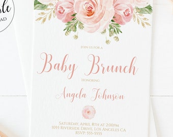 Baby Brunch Invitation / Baby Brunch Shower / Blush Pink Baby Shower Pink Rose / Floral Invite Template Download / Boho Editable Corjl BLG1