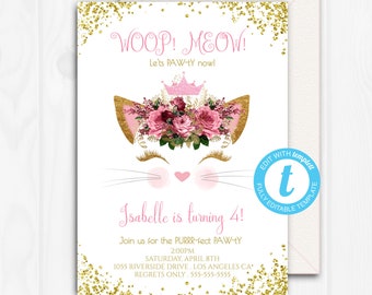 Kitten Birthday Invitation, Kitty birthday Party, Cat invite, Girls Pink and Gold Glitter Invitation Edit Yourself 2nd 4th Templett KIT1