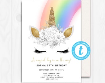 Rainbow Unicorn Invitation, Downloads, Gold, Birthday Invites, Girl, Template, Edit with Templett, Instant Download, Glitter, Magical UNI4