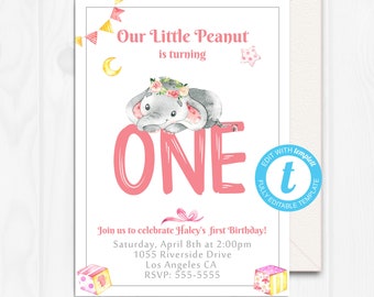 Elephant Birthday Invitation, Girl, First Birthday Invitation Girl, Pink, Baby Elephant, Elephant Invites, Edit with Templett Template ELPP2