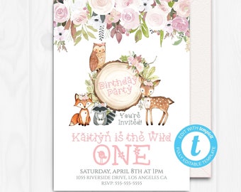Wild One Invitation, Girl, Wild One Birthday, Pink, Woodland Birthday Invitation, Template, Party Editable Download, Fox 1st, Templett, WD10