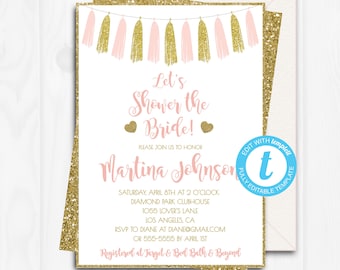 Pink and gold bridal shower invitations, Wedding Shower, Gold glitter bridal shower, Custom Bridal Invitation, Bridal Shower Template TASPG2