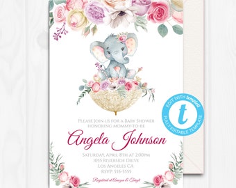 Floral Elephant Baby Shower Invitation, Girl, Umbrella Baby Shower Invitation, Pink, Template, Templett, Instant Download, Printable, ELUM