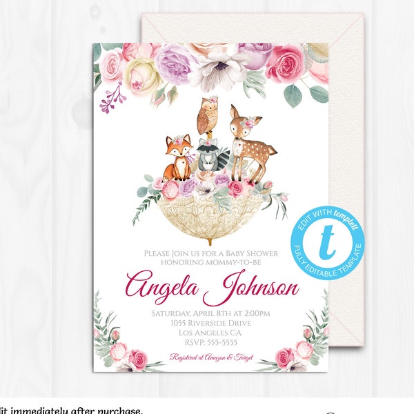 Woodland Invite Editable, Girl, Baby Shower Invitation, Floral and Lace, Pink, Umbrella, Printable Deer, Edit Templett Instant Download WD07