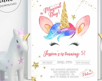 Unicorn Invitations, Unicorn Birthday Invites, Unicorn Party Printables, EDITABLE, Rainbow Party, Magical Day Invitations Girl Corjl UNI2