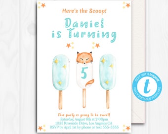 Ice Cream Birthday Invitation Boys, Summer Birthday Invitation Boy, Fox Birthday Party Printables, Here's the Scoop, Digital Download, ICE3