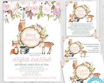 Pink Woodland Baby Shower, Invitation, Girl, Floral Woodland Animals, Deer Invitation, Editable Template, Thank you Diaper Raffle Books WD06