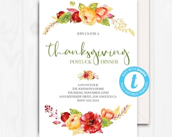 May include: Thanksgiving potluck dinner invitation with a watercolor floral wreath in shades of red, yellow, and green. The invitation includes the text "Join us for a Thanksgiving Potluck Dinner", the date and time of the event, the address, and RSVP information.