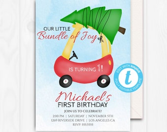 Christmas First Birthday Invitation, 1st Birthday Christmas, Christmas Birthday Invitation Boy, Editable Invitation, Digital Templett, CHB1