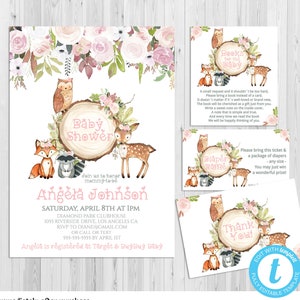 Pink Woodland Baby Shower, Invitation, Girl, Floral Woodland Animals, Deer Invitation, Editable Template, Thank you Diaper Raffle Books WD06