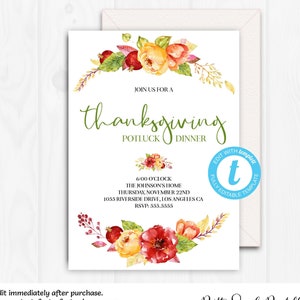 Thanksgiving Potluck Invitation, Thanksgiving Dinner Invitation Template, Dinner Party Invite, Thanksgiving Feast, Download Templett THK10
