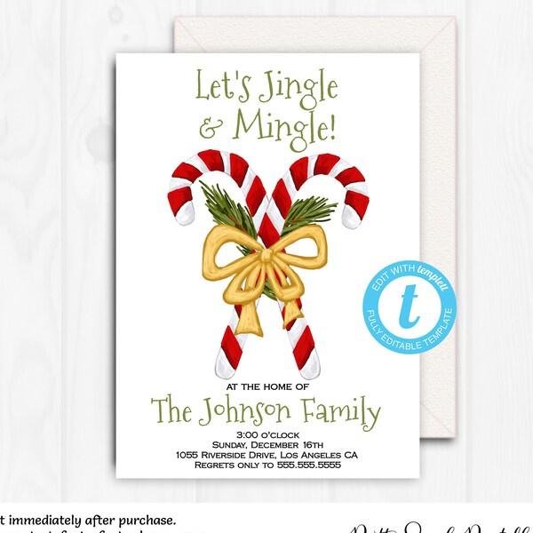 Holiday Party Invite, Candy Cane Invitation, Jingle and Mingle Invitation, EDITABLE Christmas Printable, Xmas Invitations Templett, CHR4
