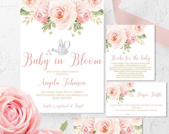 Baby in Bloom Baby Shower Invitation Set Girl Diaper Raffle Books Thank You Blush Pink Gold Floral Editable Template Printable Download BLG1