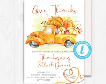 Thanksgiving Potluck Instant Download, Give Thanks Invite, Dinner, Editable, Harvest Truck, Printable, Template, Digital Templett THK11