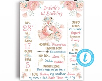 Primo compleanno di Fox, Cartello sulla lavagna per il primo compleanno di una ragazza, Decorazioni rosa per il 1° compleanno, Decorazioni per compleanno in oro rosa, Poster per il 1° compleanno, FOX1