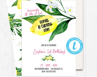 Lemon First Birthday Invitation, Girl, Pink Lemonade Party, Sunshine and Lemonade, Editable, Printables, Instant Download, Templett, LEMB