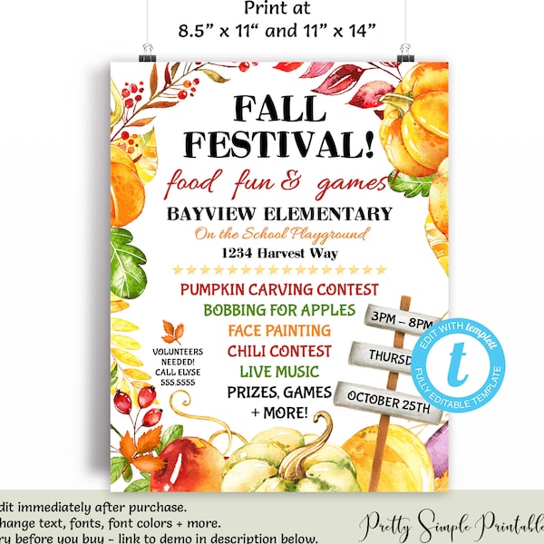 Editable Fall Festival Flyer, Fall Festival Flyer Template, Fall Festival Sign, Church Flyer, Fall Fest Invite Fall Invitation Templett THK5