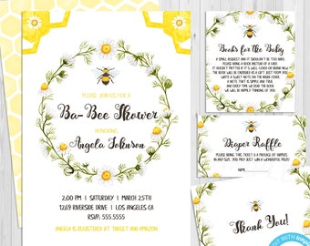 Bee Baby Shower Invitation Set, Gender Neutral, Mama to bee, Bee Themed Thank You Cards, Diaper Raffle, Book Request Printable Templett BEE2