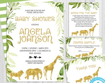 Safari Baby Shower Invitation, Jungle Animal Shower, Gold Safari, Safari Theme, Printable Invitation, Book Request, Thank You, Templett SAF1