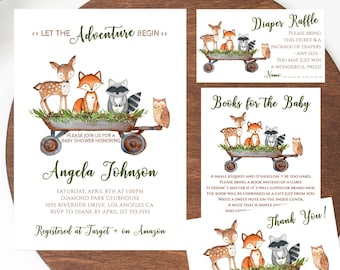 Woodland Baby Shower Invitation, Adventure Baby Shower, Gender Neutral, Boy Girl Editable Templates, Diaper Raffle, Books, Fox, Deer, WD12