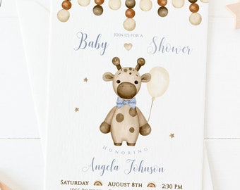 Giraffe Baby Shower Invitation Boy, Blue Invitation Template, Balloon Baby Shower, Safari, Editable Invitation, Instant Download GIR2