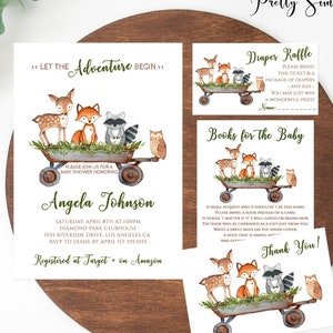 Woodland Baby Shower Invitation, Adventure Baby Shower, Gender Neutral, Boy Girl Editable Templates, Diaper Raffle, Books, Fox, Deer, WD12