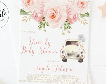 Drive By Baby Shower Invitation Girl / Quarantine Baby Shower / Blush Pink Floral Pink Gold Invites  / Digital Printable Download Corjl BLG1