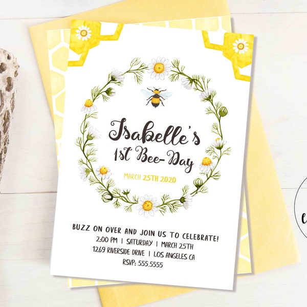 1st Bee Day Invitation / Bee Birthday Party / Hunny Bee Birthday / Printable Template / Digital Download / Girl Boy / Template Corjl, BEE1