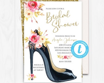 Bridal Shower Invitation, Chic Bridal Shower Invitations, Pink and Gold Bridal Shower, High Heel, Boho Wedding Shower Template Templett BRD2