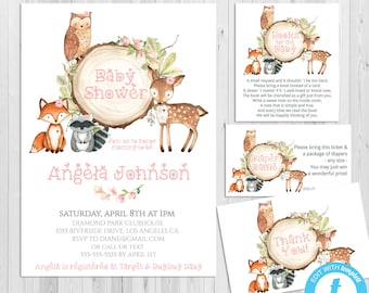 May include: A pink and green baby shower invitation with a woodland theme. The invitation features a deer, fox, owl, and raccoon. The text reads "Baby Shower" and "Angela Johnson".