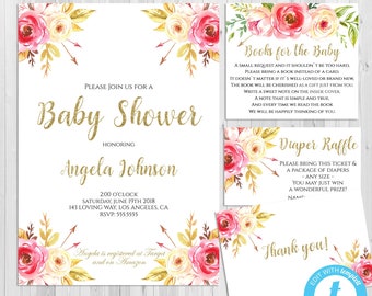 Pink and Gold Baby Shower Invitation, Editable, Bundle, Floral Baby Shower, Flowers, Templett, Template Thank Card, Books, Glitter, FLPG