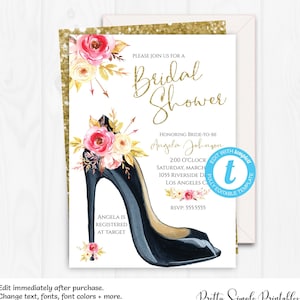 Bridal Shower Invitation, Chic Bridal Shower Invitations, Pink and Gold Bridal Shower, High Heel, Boho Wedding Shower Template Templett BRD2 image 1