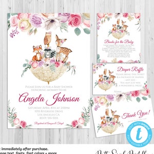 Woodland Invitation Girl, Baby Shower Invitation, Pink, Floral Umbrella, Lace Baby Sprinkle, Deer Editable Templett Gracias a la rifa de pañales WD07
